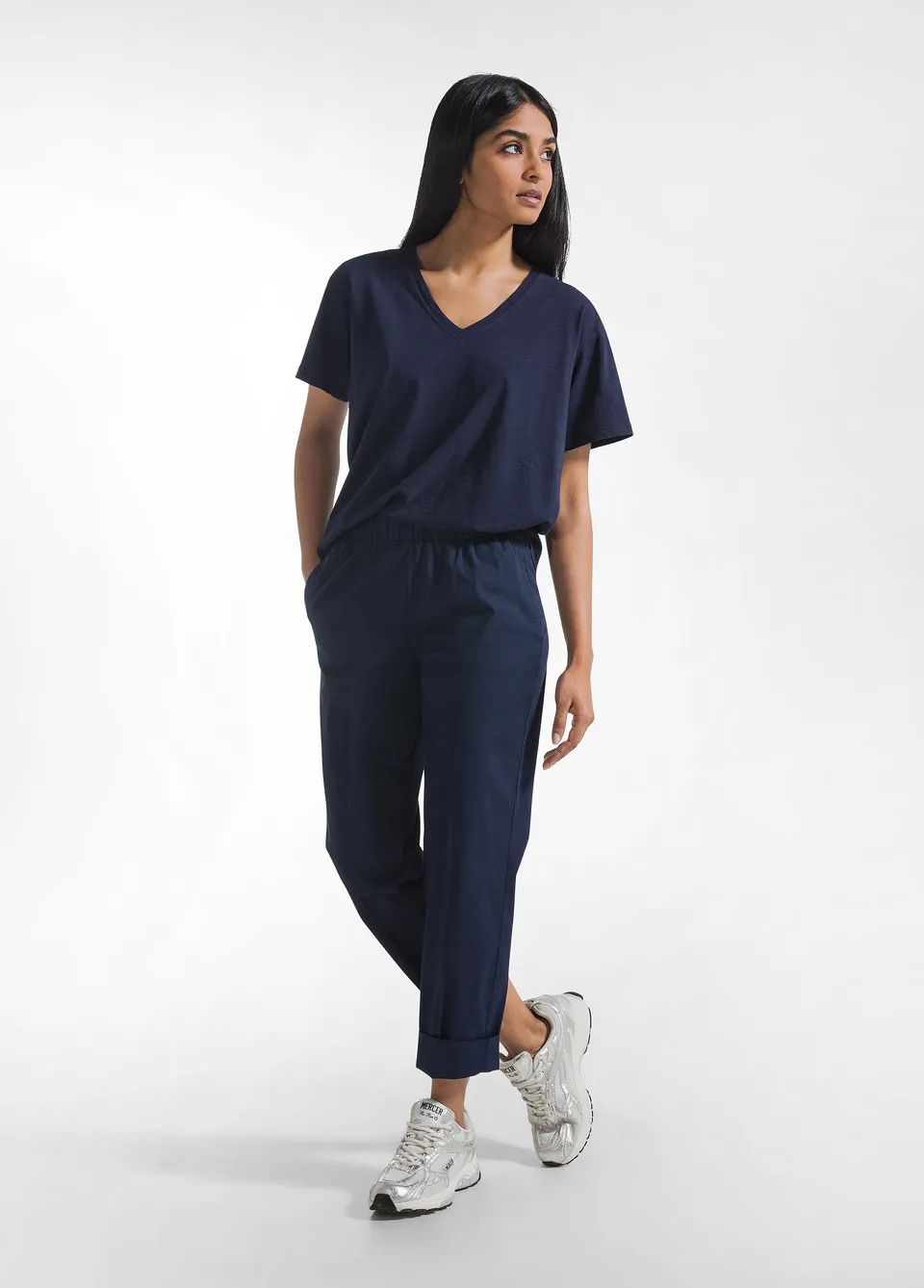 deha-d42557-pantaloni-dritti-in-popline-elasticizzato-blu image 1