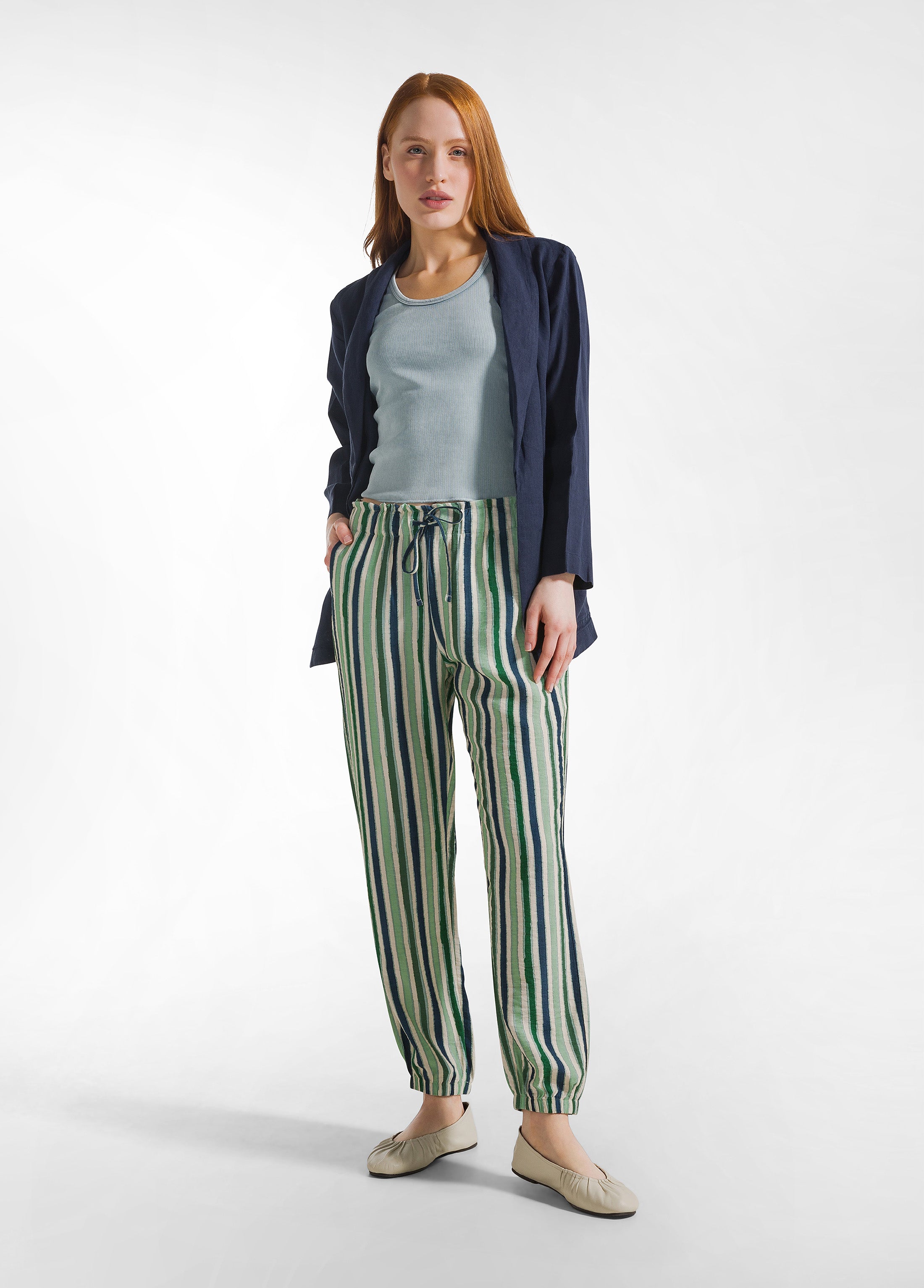 deha-d22385-pantalone-jogger-in-crepe-a-righe-verde image 1