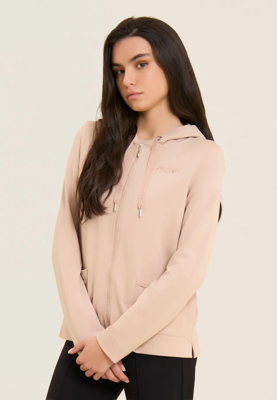 freddy-felpa-cappuccio-zip-regular-con-strass-e-inserto-effetto-seta image 1