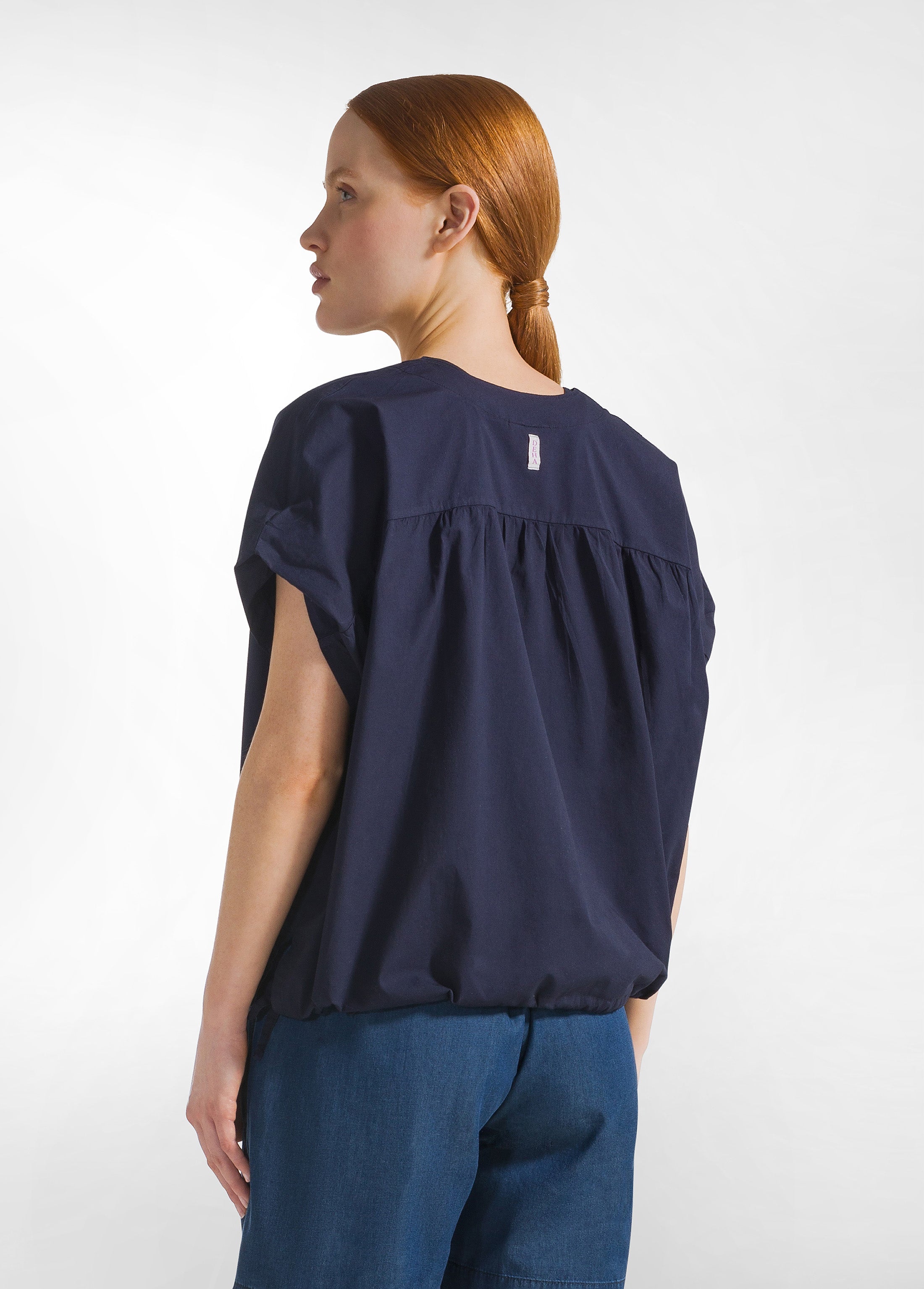 deha-blusa-in-popline-con-coulisse-blu-scollo-a-v image 2