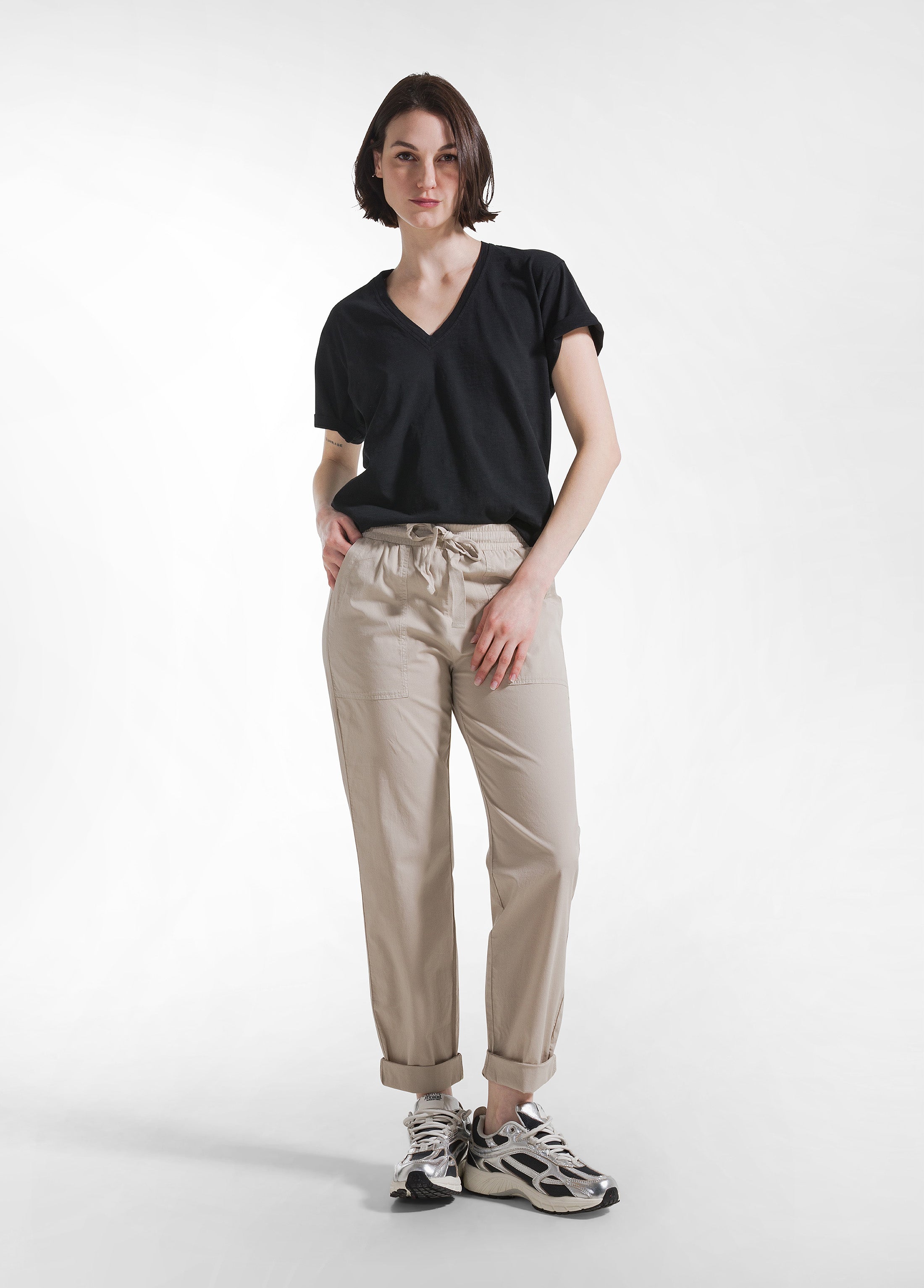 deha-pantaloni-dritti-in-popline-elasticizzato-beige-d42556 image 1