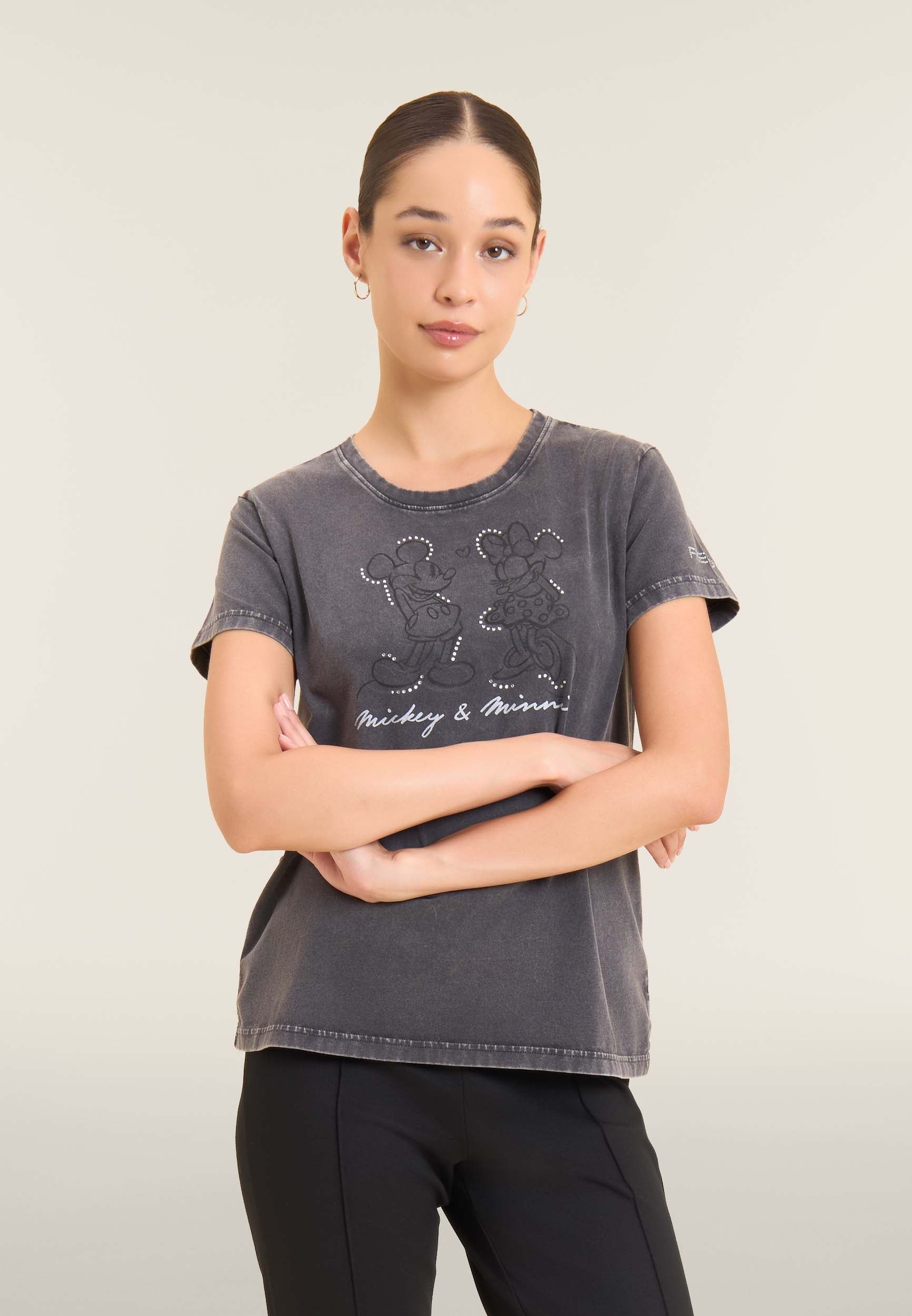 freddy-t-shirt-donna-disney-minnie-e-mickey-con-strass-acid-wash image 1