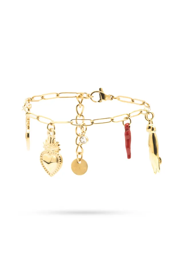 freddy-bracciale-a-catena-in-acciaio-dorato-con-pendenti-portafortuna image 1