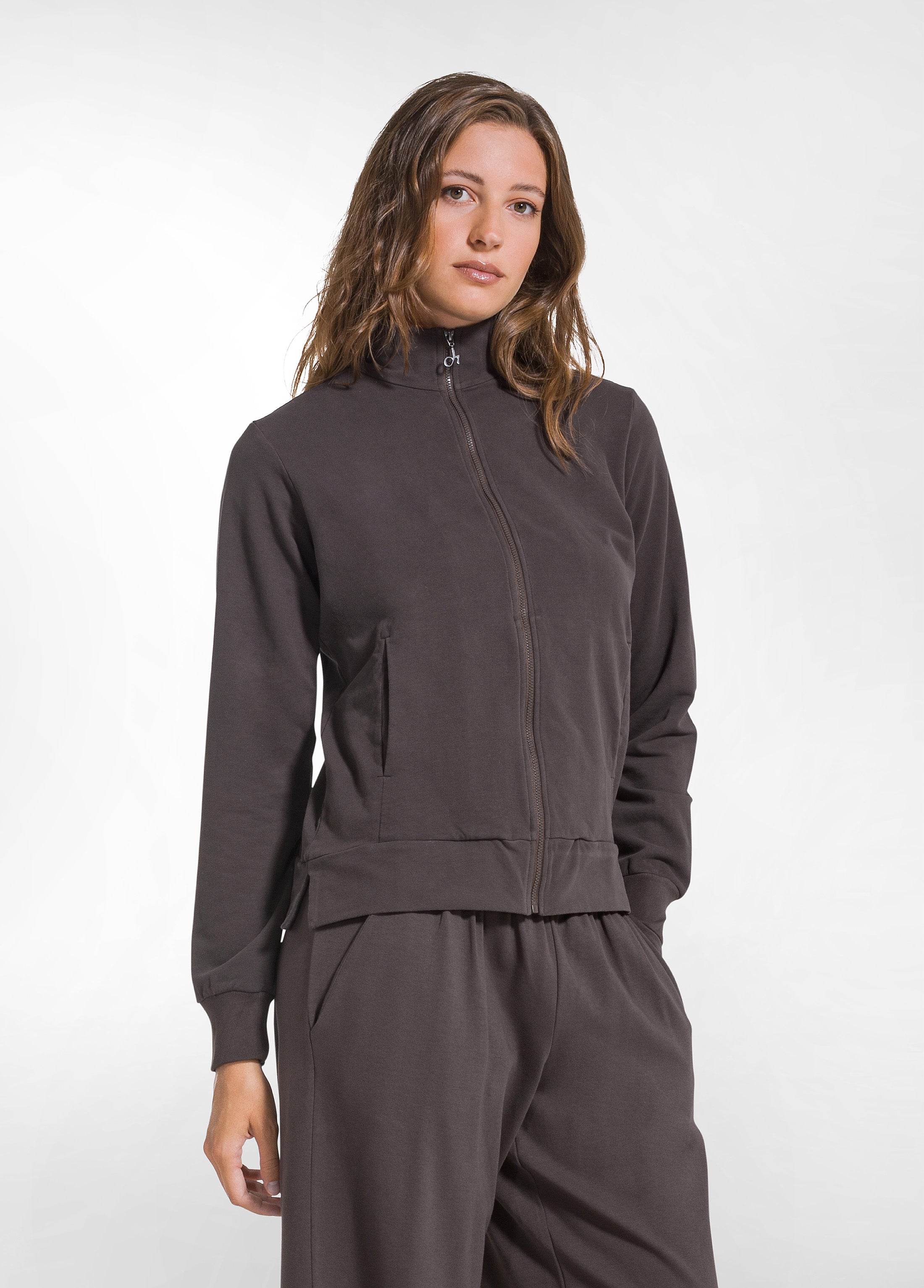 deha-felpa-stretch-con-zip-senza-cappuccio-marrone image 1