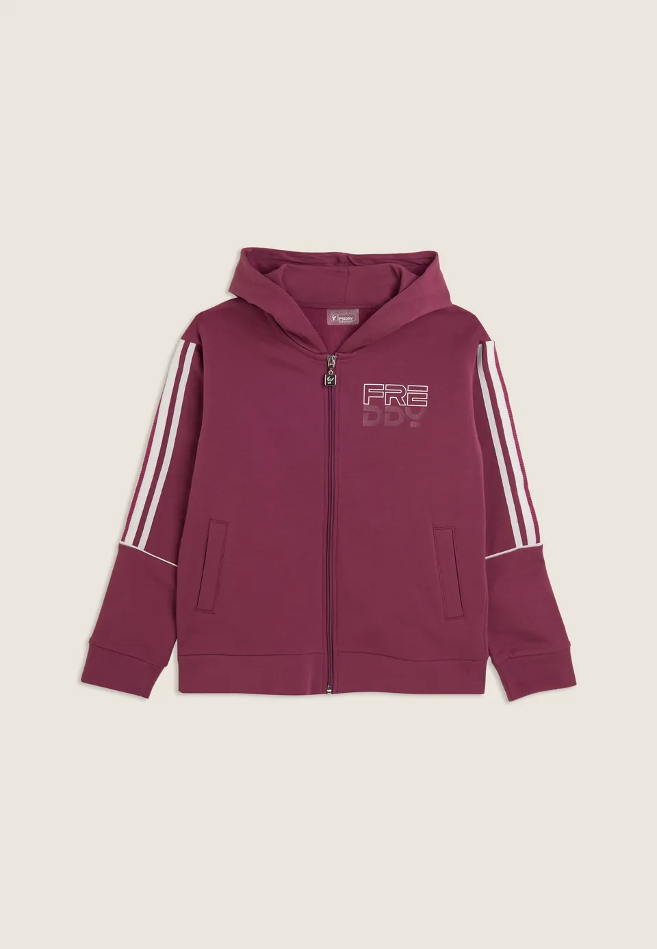 freddy-felpa-junior-oversize-con-zip-cappuccio-e-bande-a-contrasto image 1