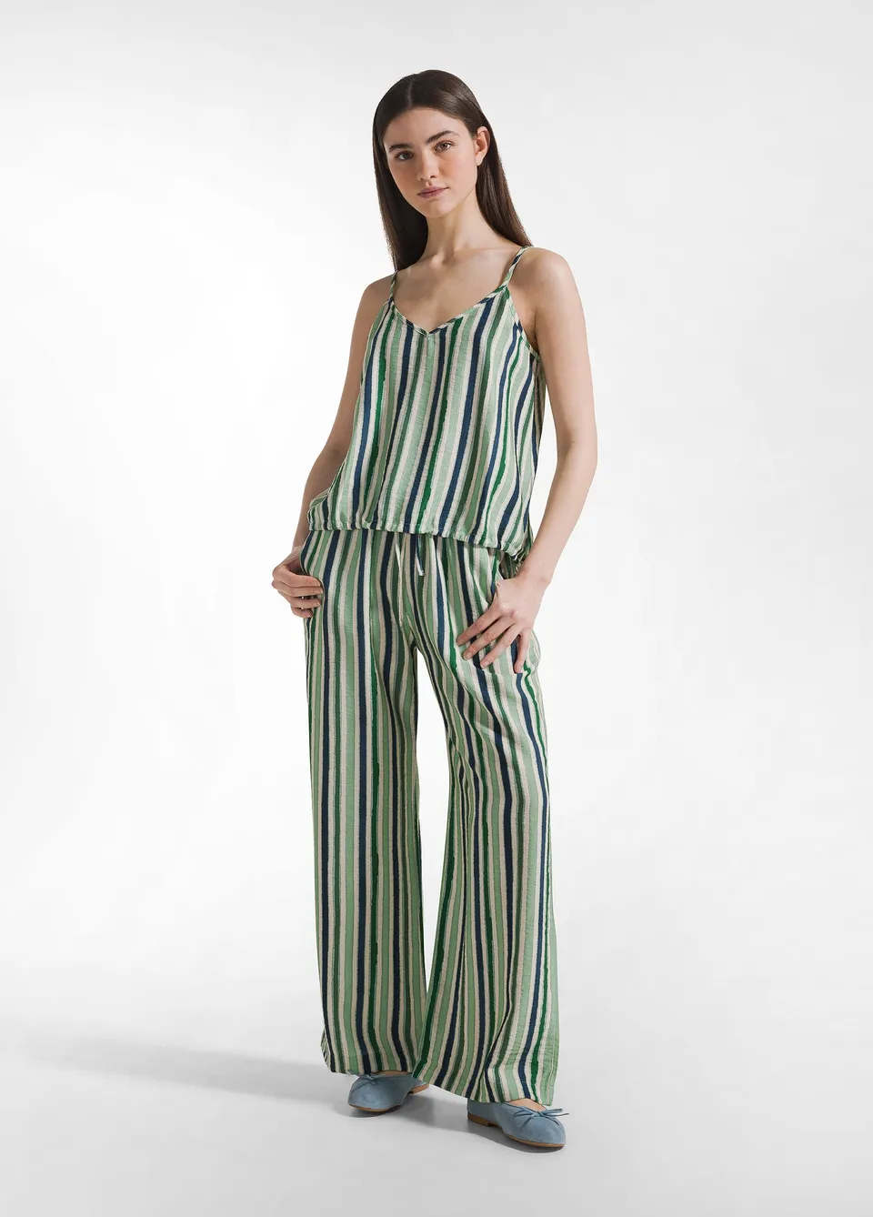 deha-pantalone-palazzo-a-righe-verde-in-crepe-di-viscosa image 1