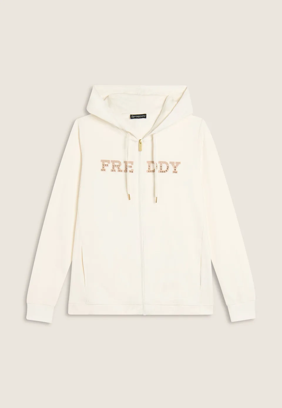freddy-felpa-comfort-con-zip-e-cappuccio-grafica-dorata image 1