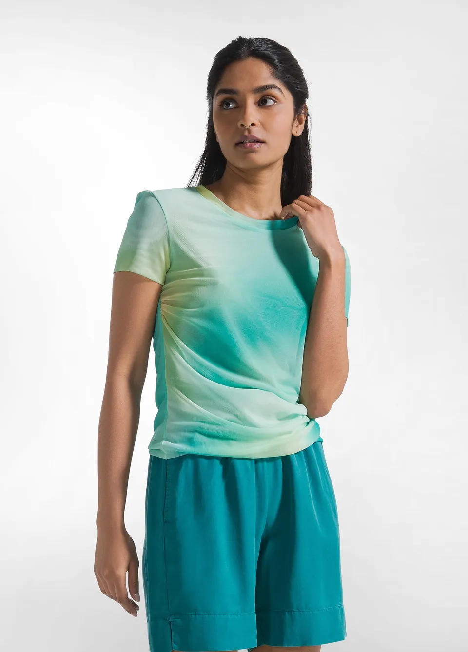 deha-t-shirt-plissettata-doppio-strato-tulle-allover-blu-t-shirt-glam image 1