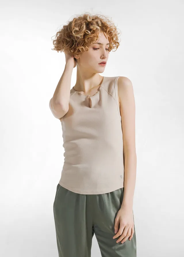 deha-top-in-costina-beige-top-smanicato-aderente-cotone-organico image 1