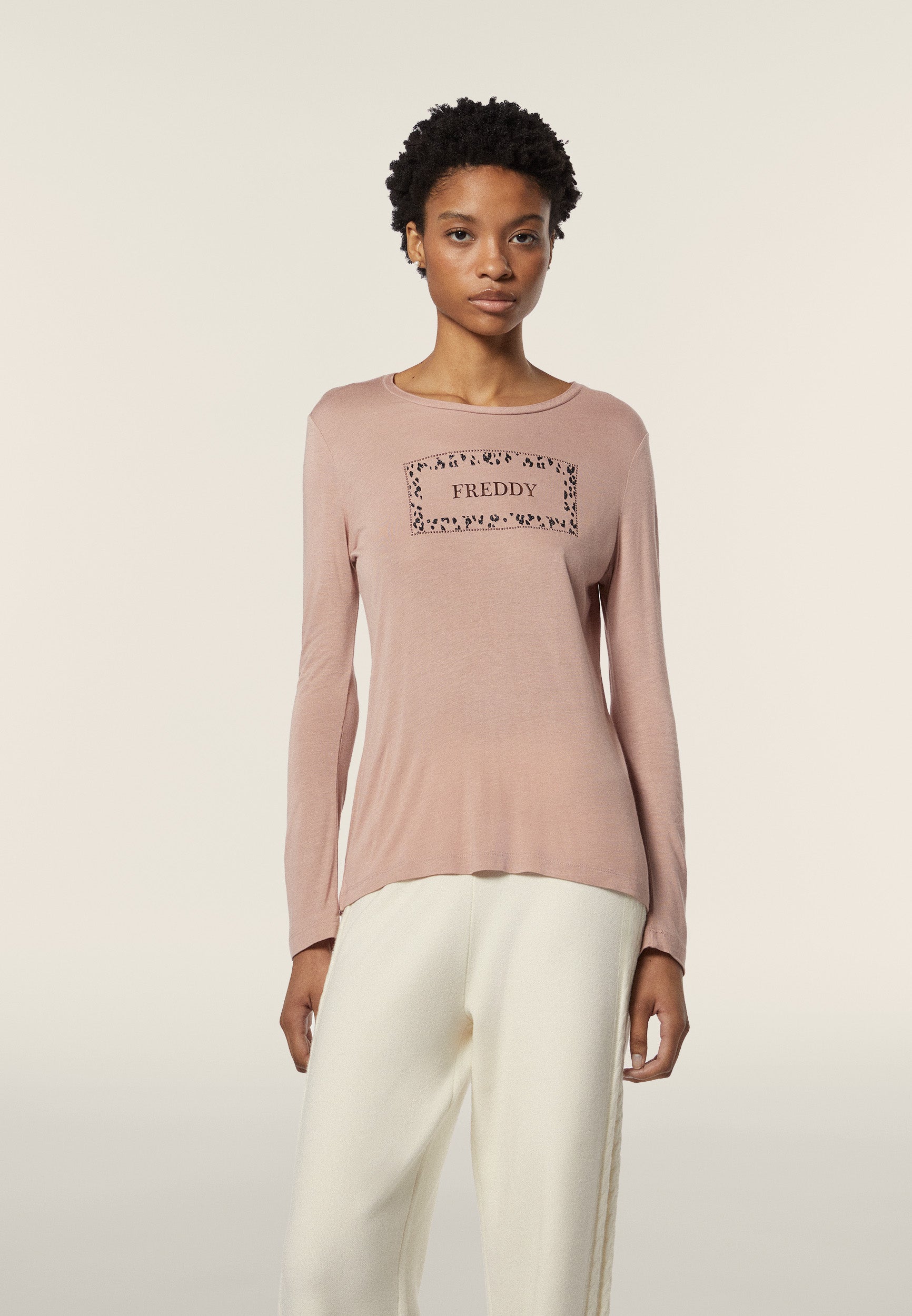 freddy-t-shirt-donna-manica-lunga-animalier-oro-rosa-viscosa image 1