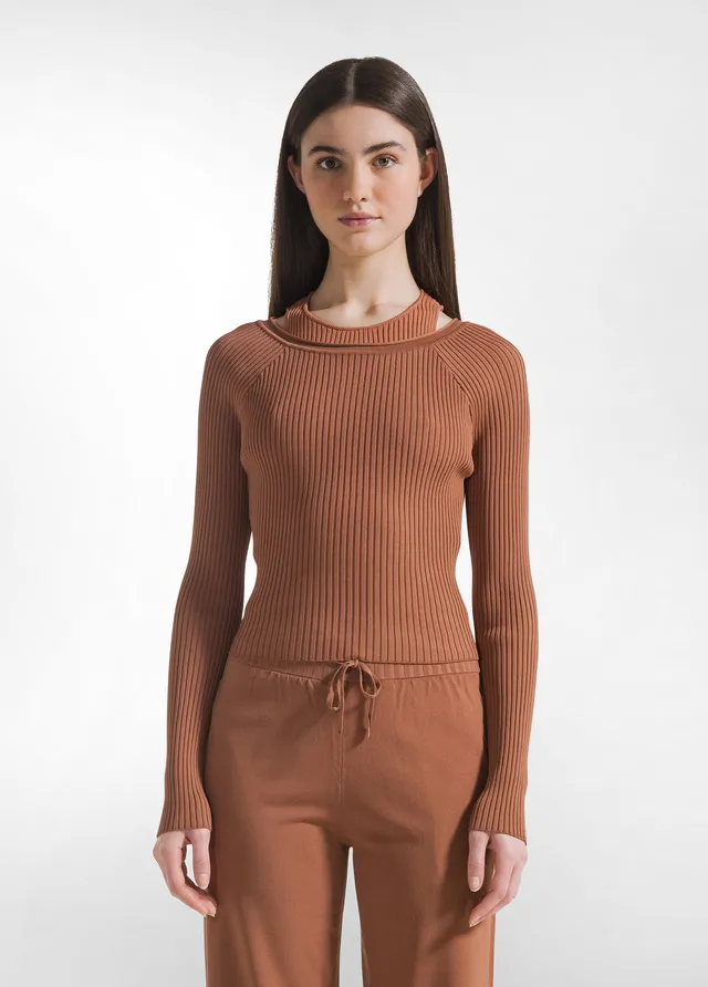 deha-top-incrociato-a-coste-in-maglia-di-rayon-marrone-a-manica-lunga image 1