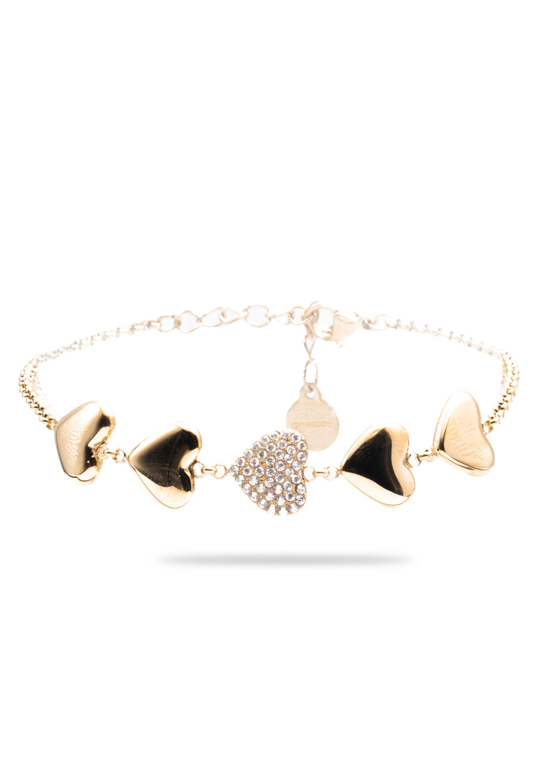 freddy-bracciale-in-acciaio-dorato-316l-con-cinque-cuori-e-strass image 1