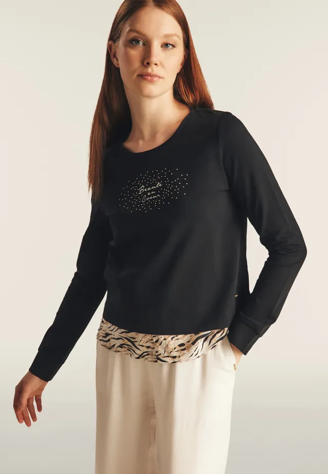 freddy-felpa-donna-regular-fit-con-inserto-effetto-camicia-e-strass-dorati image 1