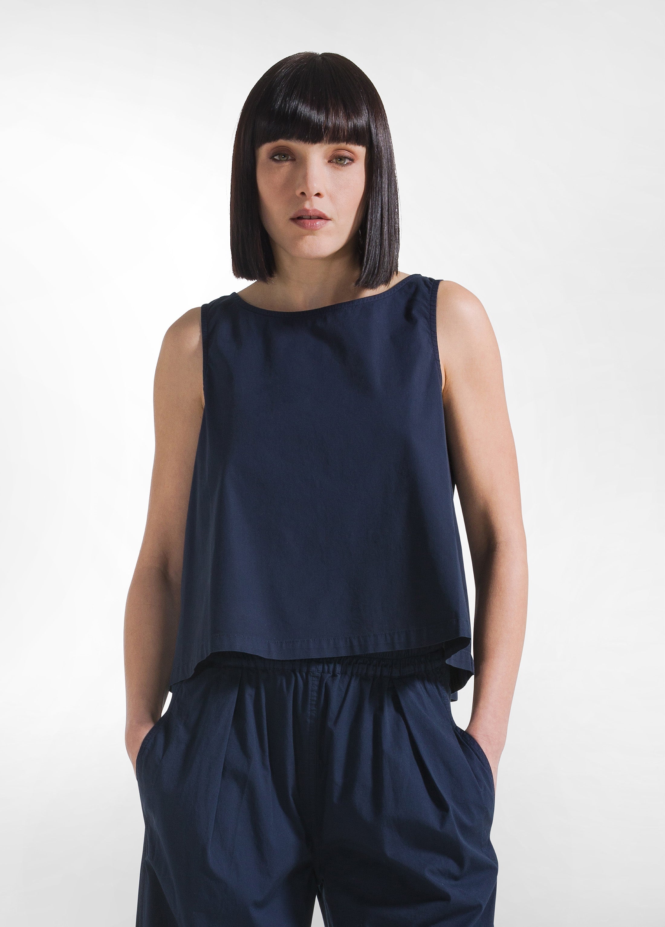 deha-completo-top-e-pantaloni-dritti-in-popline-elasticizzato-blu image 4