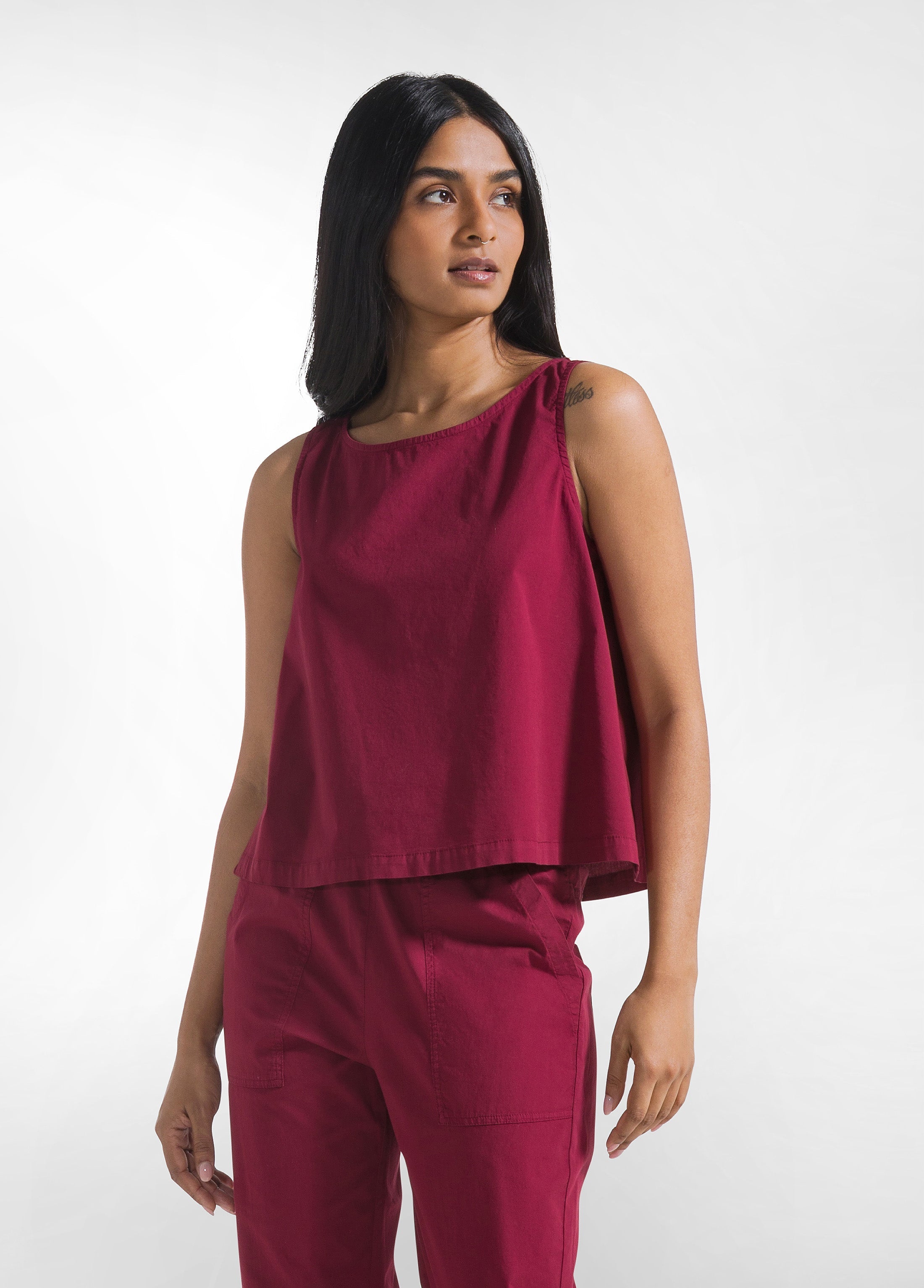 deha-completo-top-e-pantaloni-dritti-in-popline-elasticizzato-rosso image 4