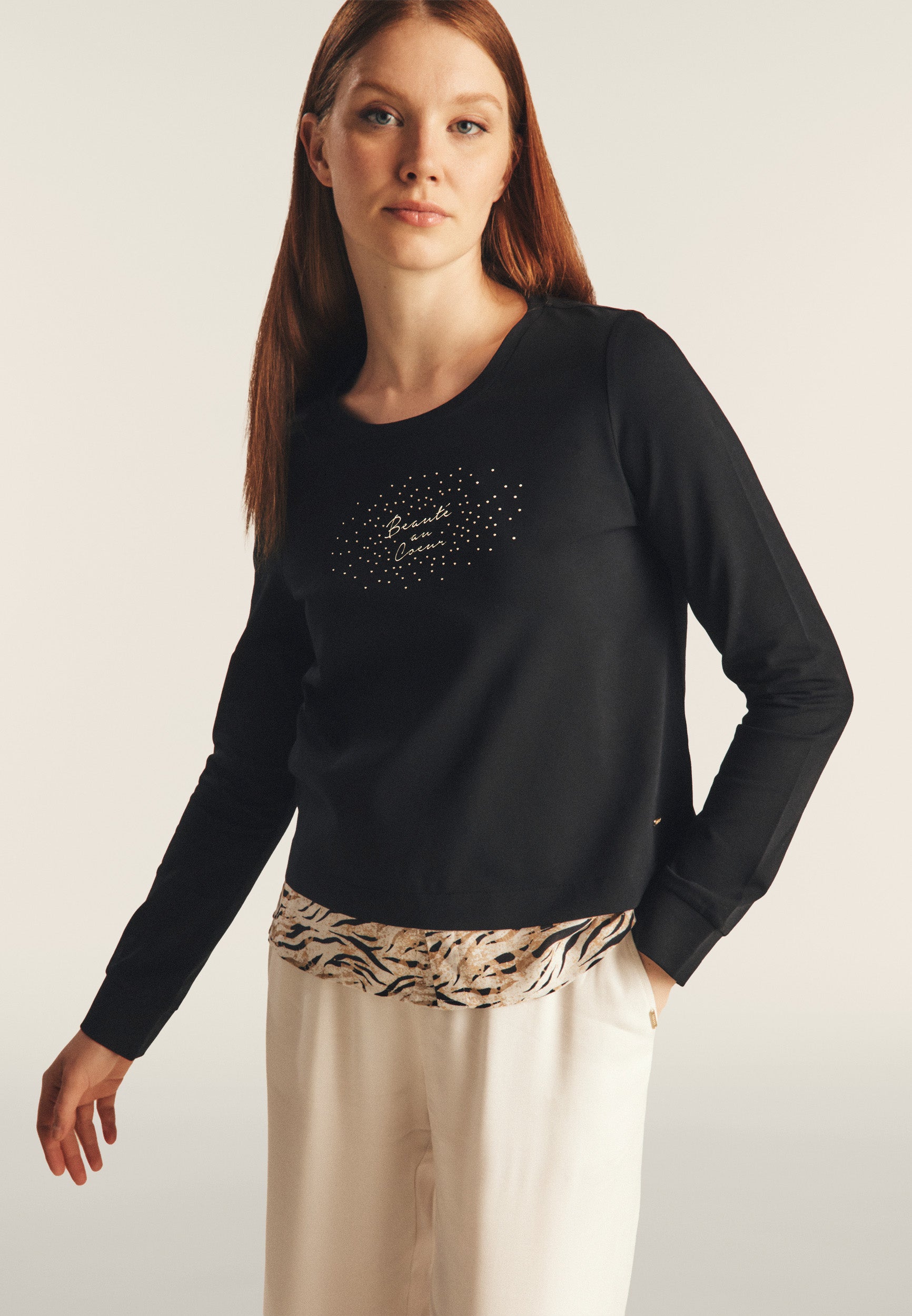 freddy-felpa-donna-regular-fit-con-inserto-effetto-camicia-e-strass-dorati image 1