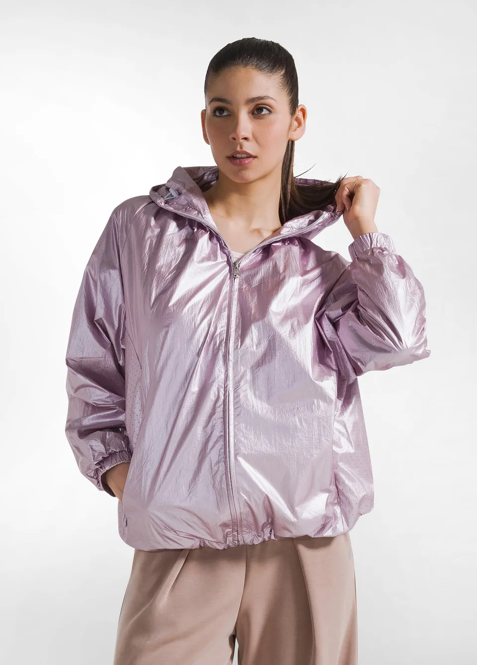 deha-d42432-giacca-sportiva-con-cappuccio-rosa-nylon-metallico image 1