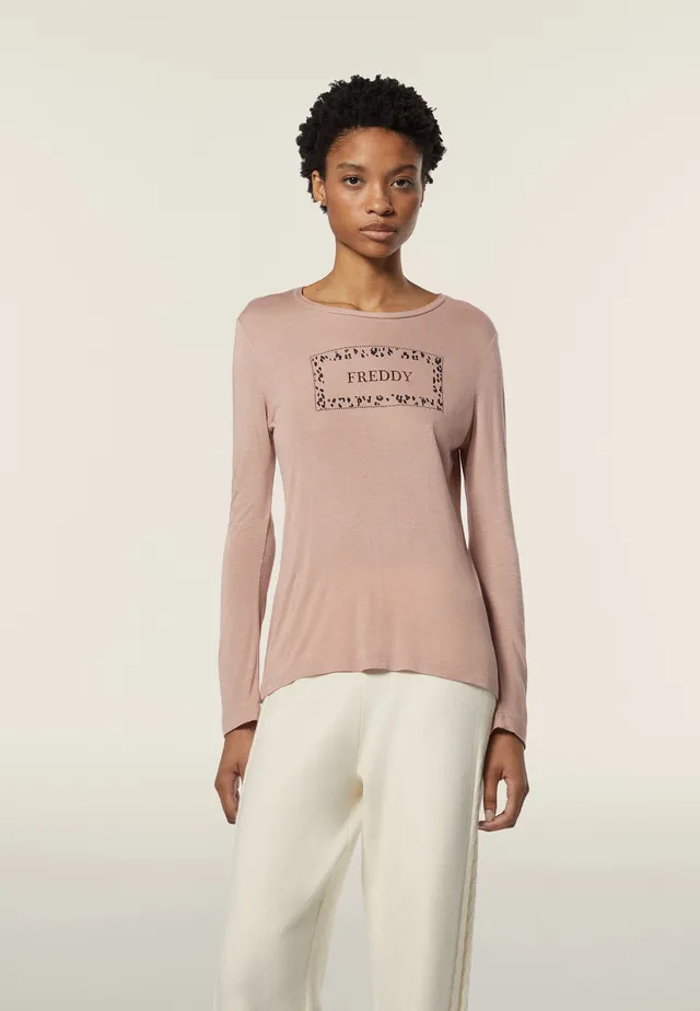 freddy-t-shirt-donna-manica-lunga-animalier-oro-rosa-viscosa image 1