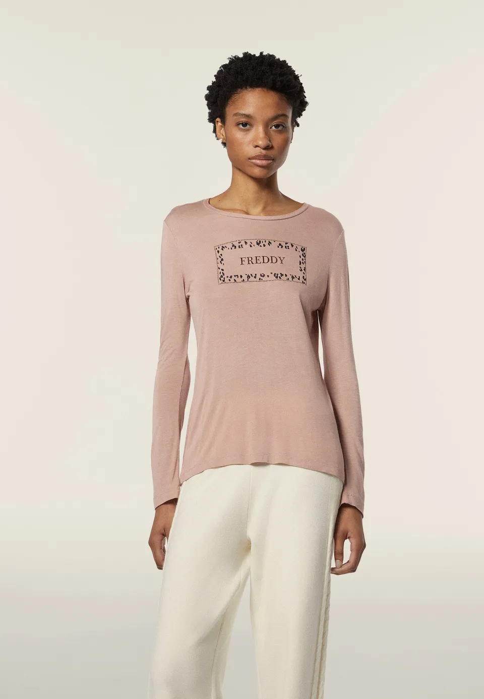 freddy-t-shirt-donna-manica-lunga-animalier-oro-rosa-viscosa image 1