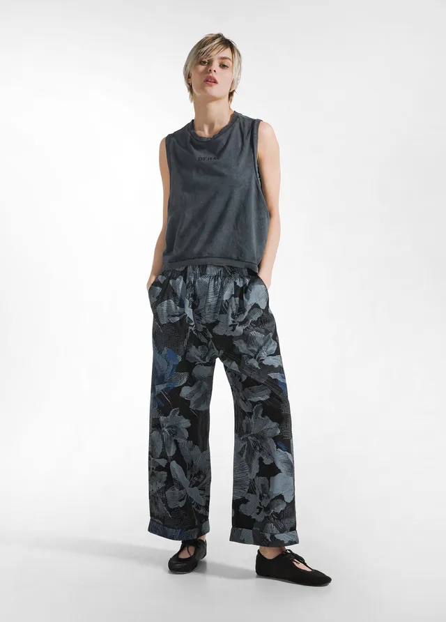 deha-pantalone-relaxed-in-popeline-stampato-nero image 1