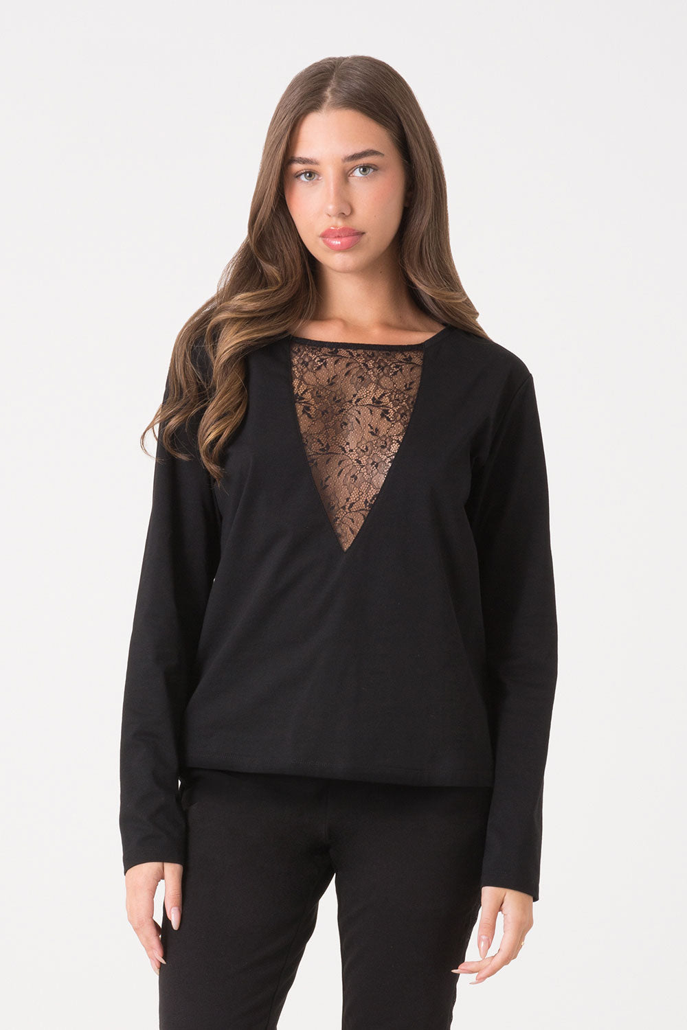 dimensione-danza-t-shirt-donna-manica-lunga-jersey-stretch-con-inserto-v-in-pizz image 1