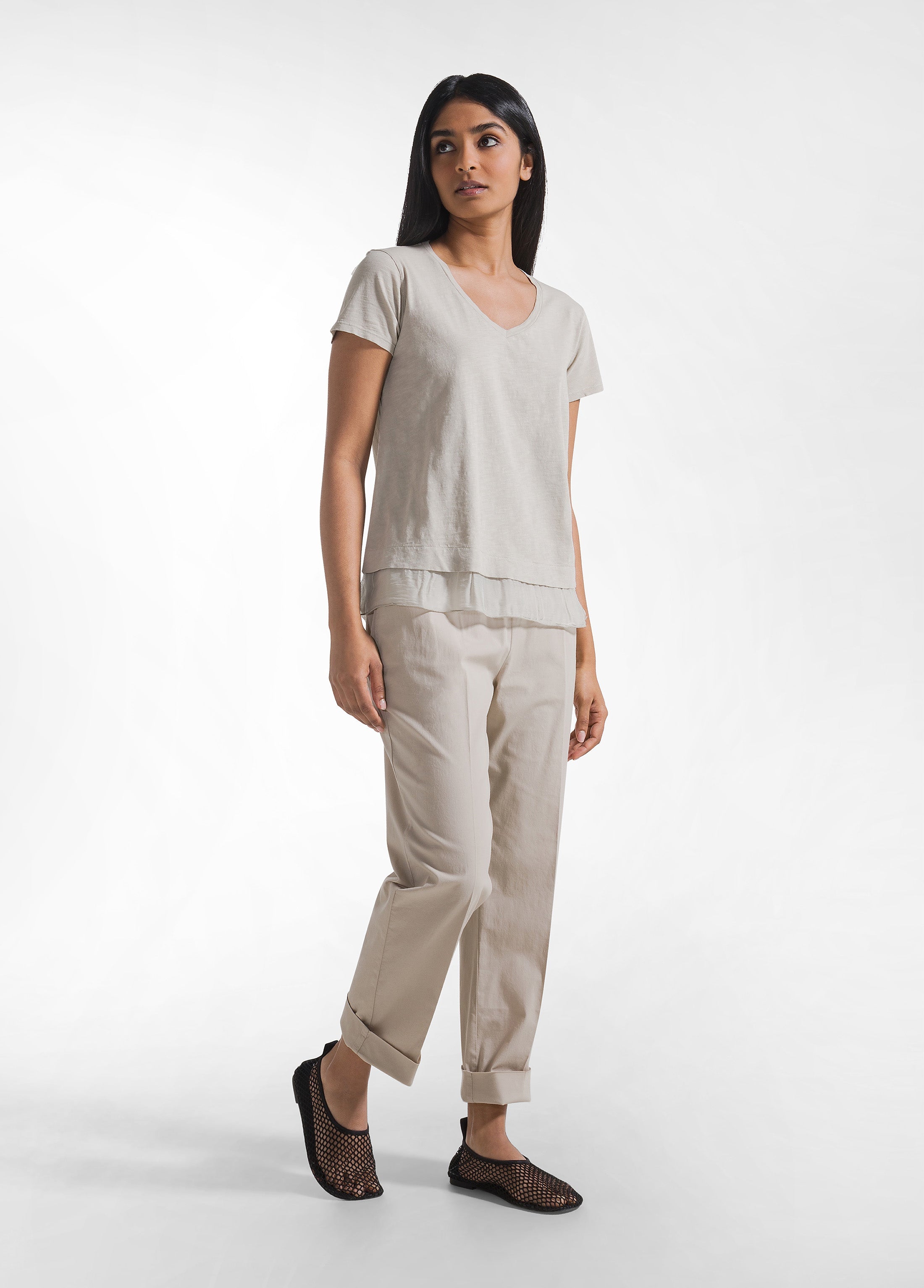 deha-pantaloni-dritti-in-popline-elasticizzato-beige-bestseller image 1