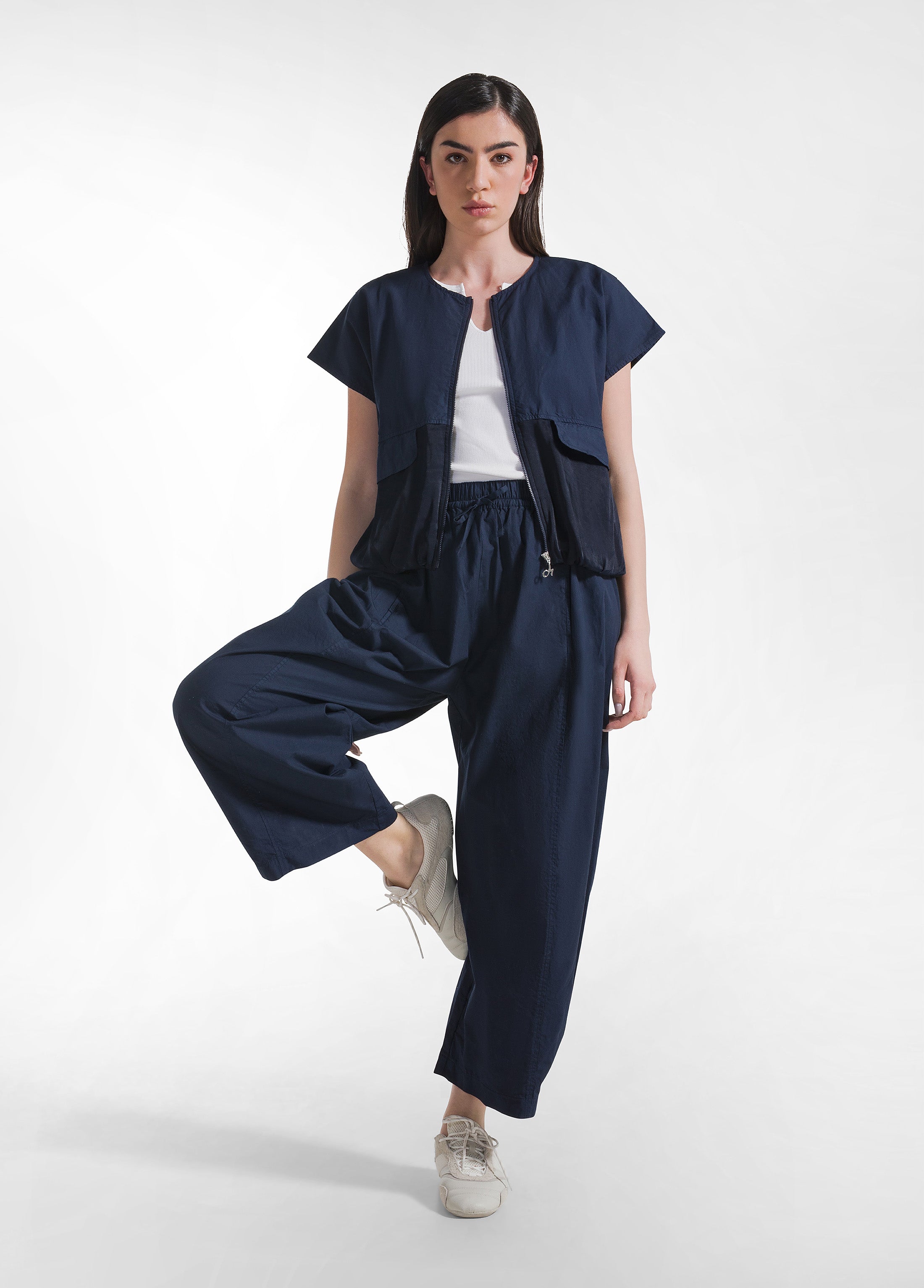 deha-pantalone-relaxed-in-popeline-blu-pantaloni-vita-elastica-con-coulisse image 1