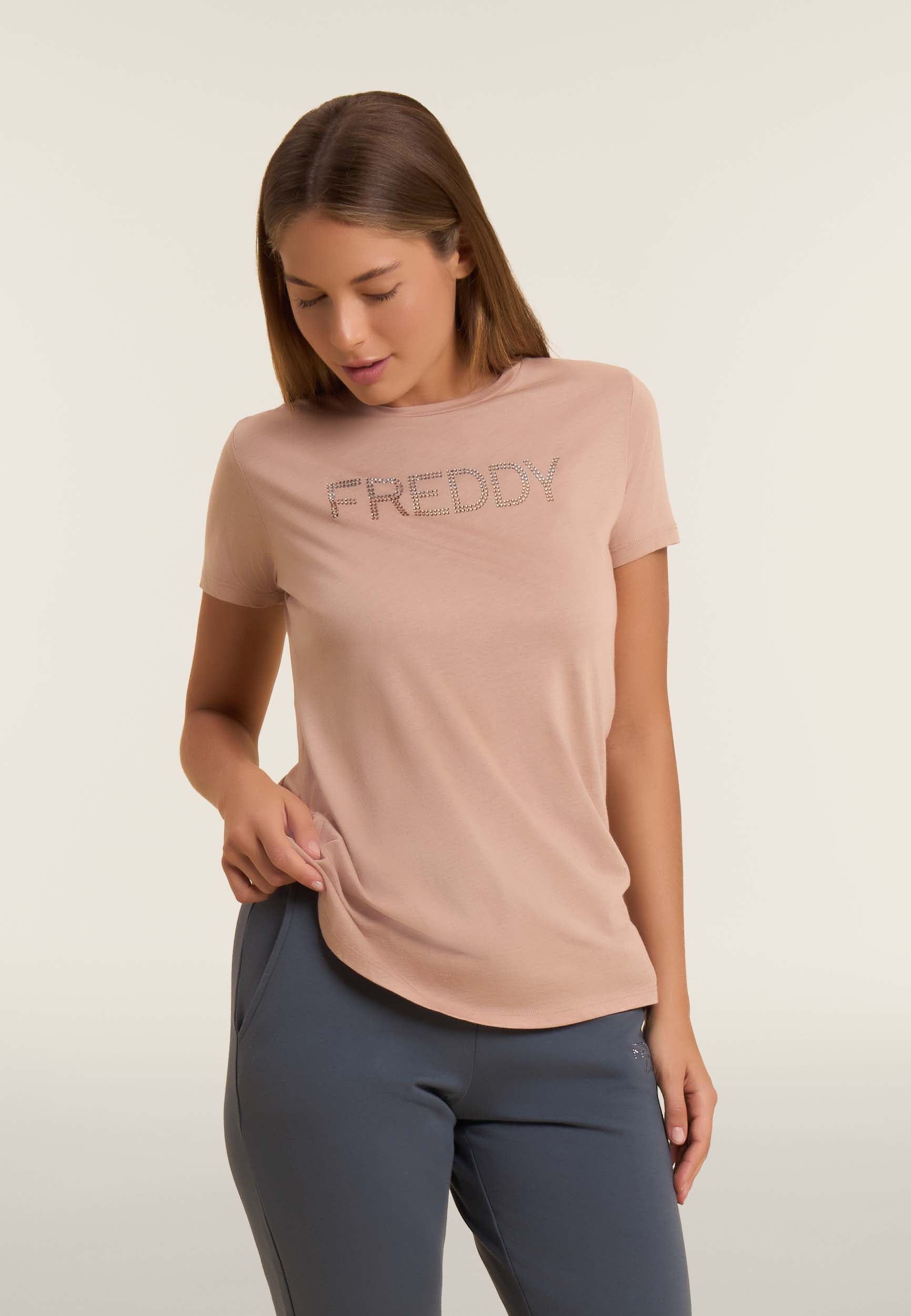 freddy-t-shirt-donna-jersey-modal-cotone-con-logo-strass-bicolori image 8