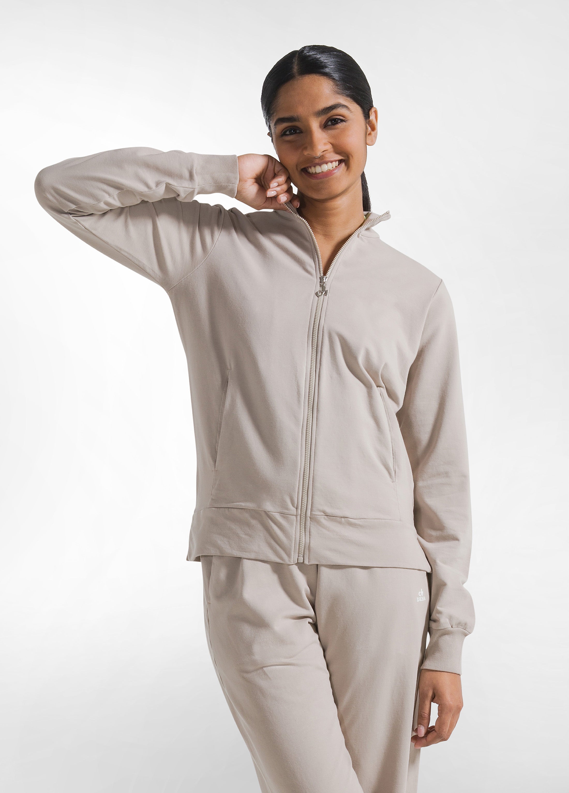 deha-felpa-leggera-core-con-zip-beige-felpa-donna-con-collo-alto image 1