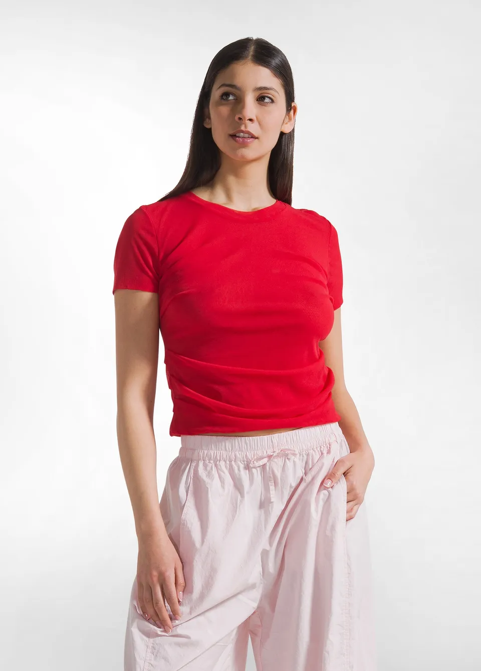 deha-d42760-t-shirt-plissettata-in-doppio-strato-di-tulle-rosso image 1