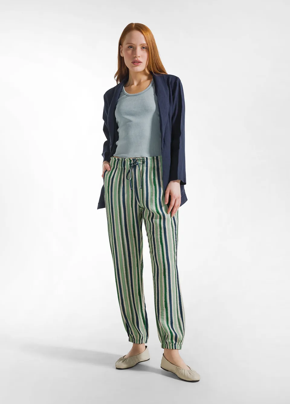 deha-d22385-pantalone-jogger-in-crepe-a-righe-verde image 1