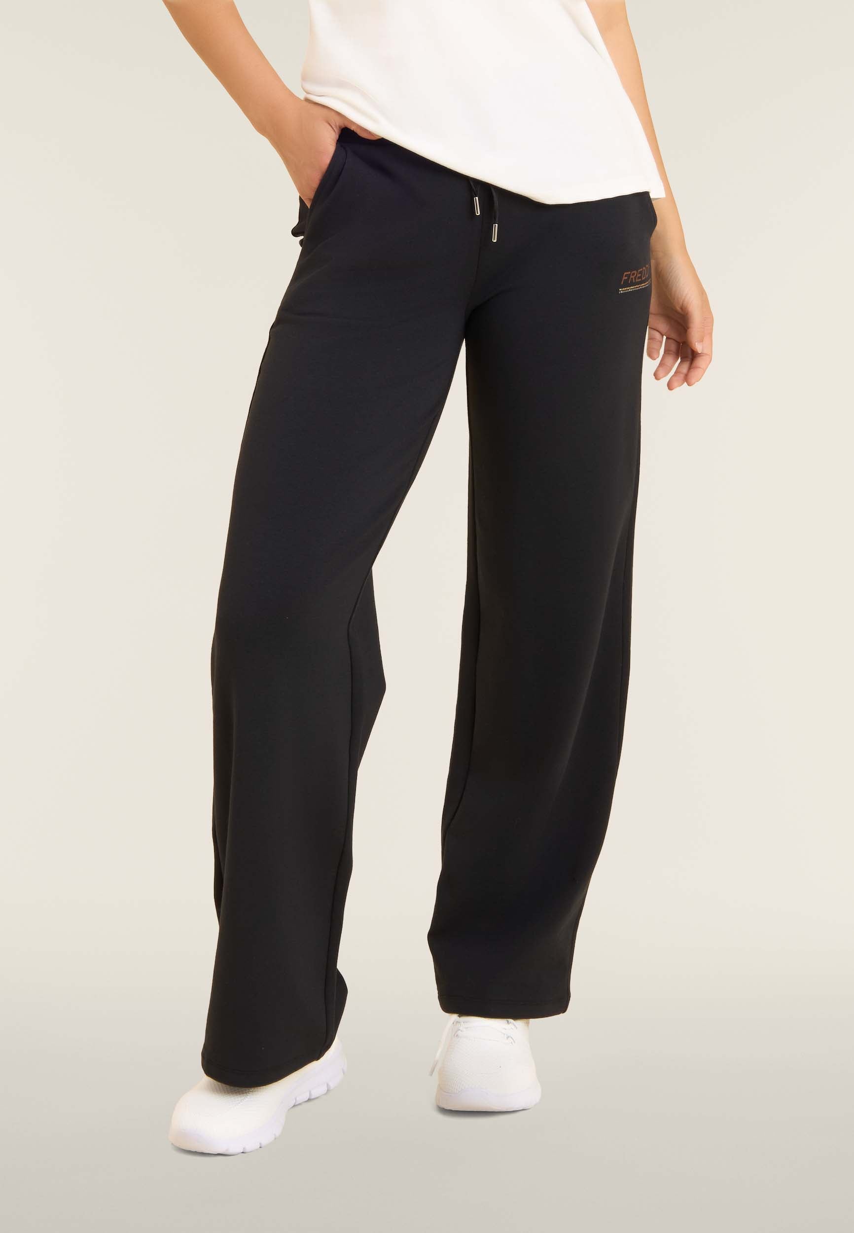 freddy-pantaloni-wide-leg-donna-con-logo-in-strass-bicolore image 1