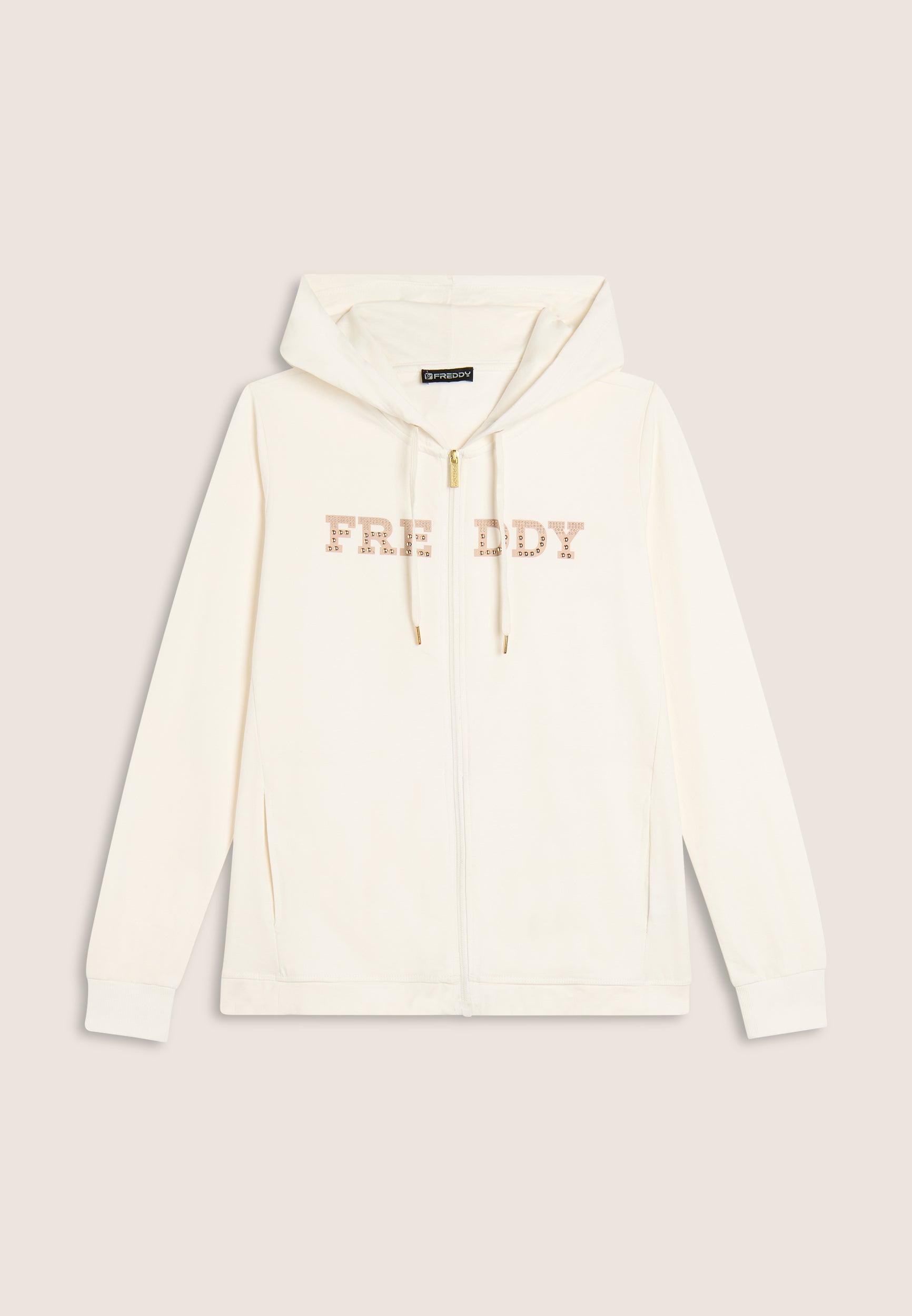 freddy-felpa-comfort-con-zip-e-cappuccio-grafica-dorata image 1