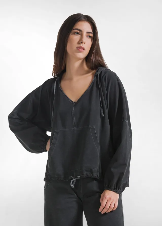 deha-felpa-con-cappuccio-effetto-fade-nera-con-dettagli-in-satin-d42340 image 1