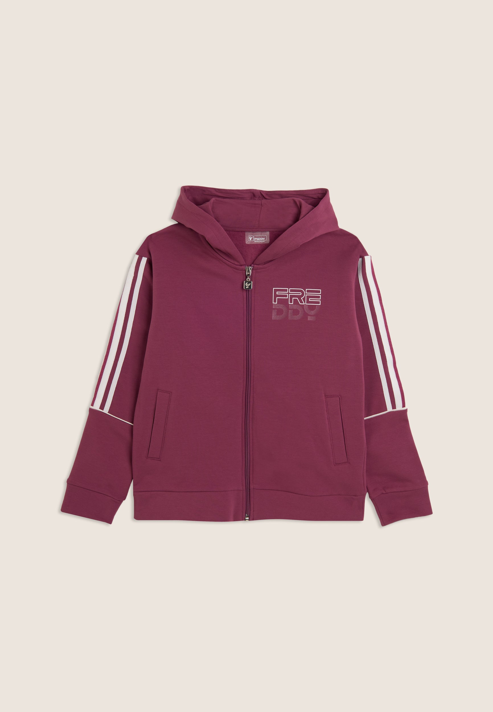 freddy-felpa-junior-oversize-con-zip-cappuccio-e-bande-a-contrasto image 1