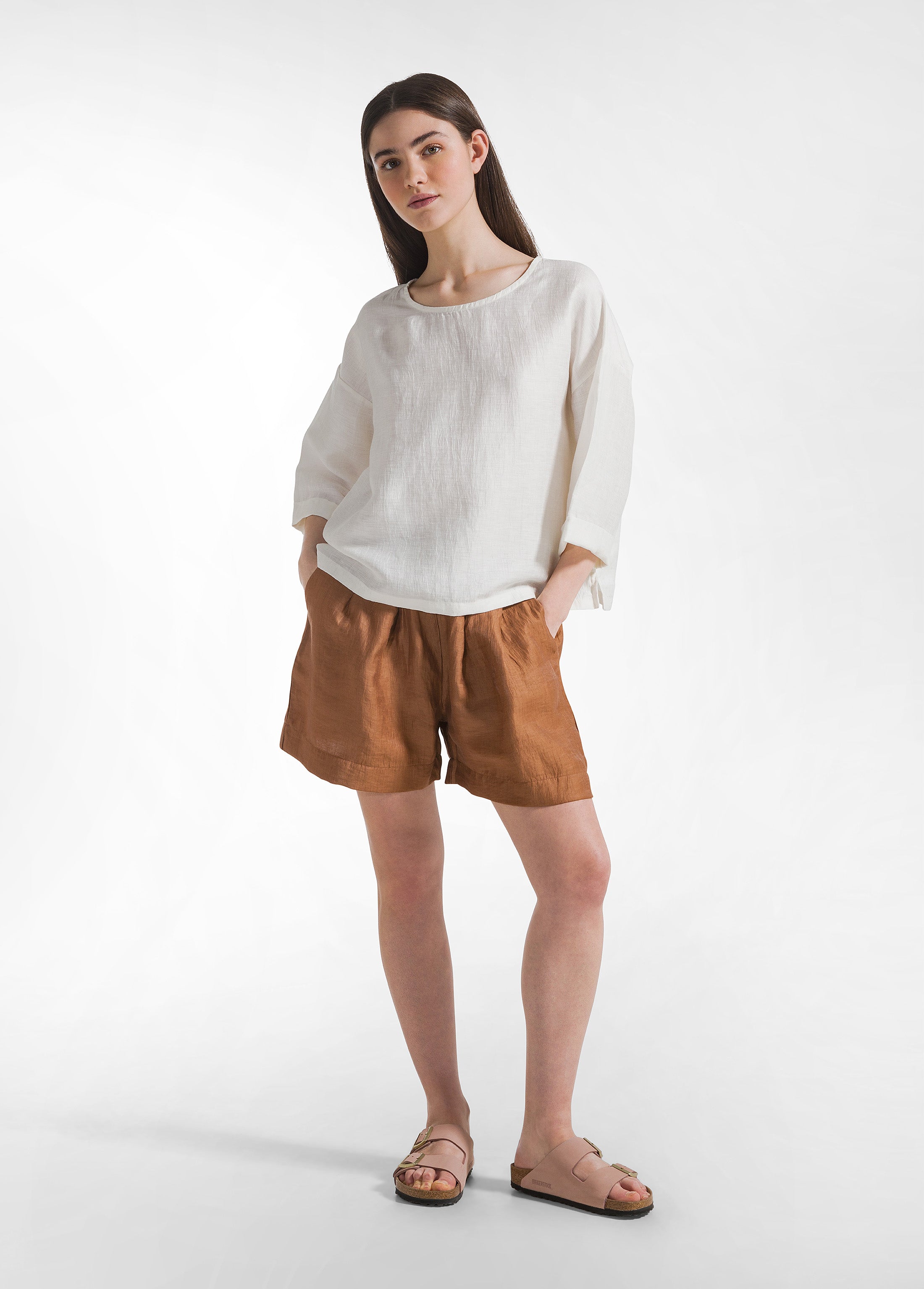deha-shorts-in-lino-lucido-marrone-vita-elastica image 1