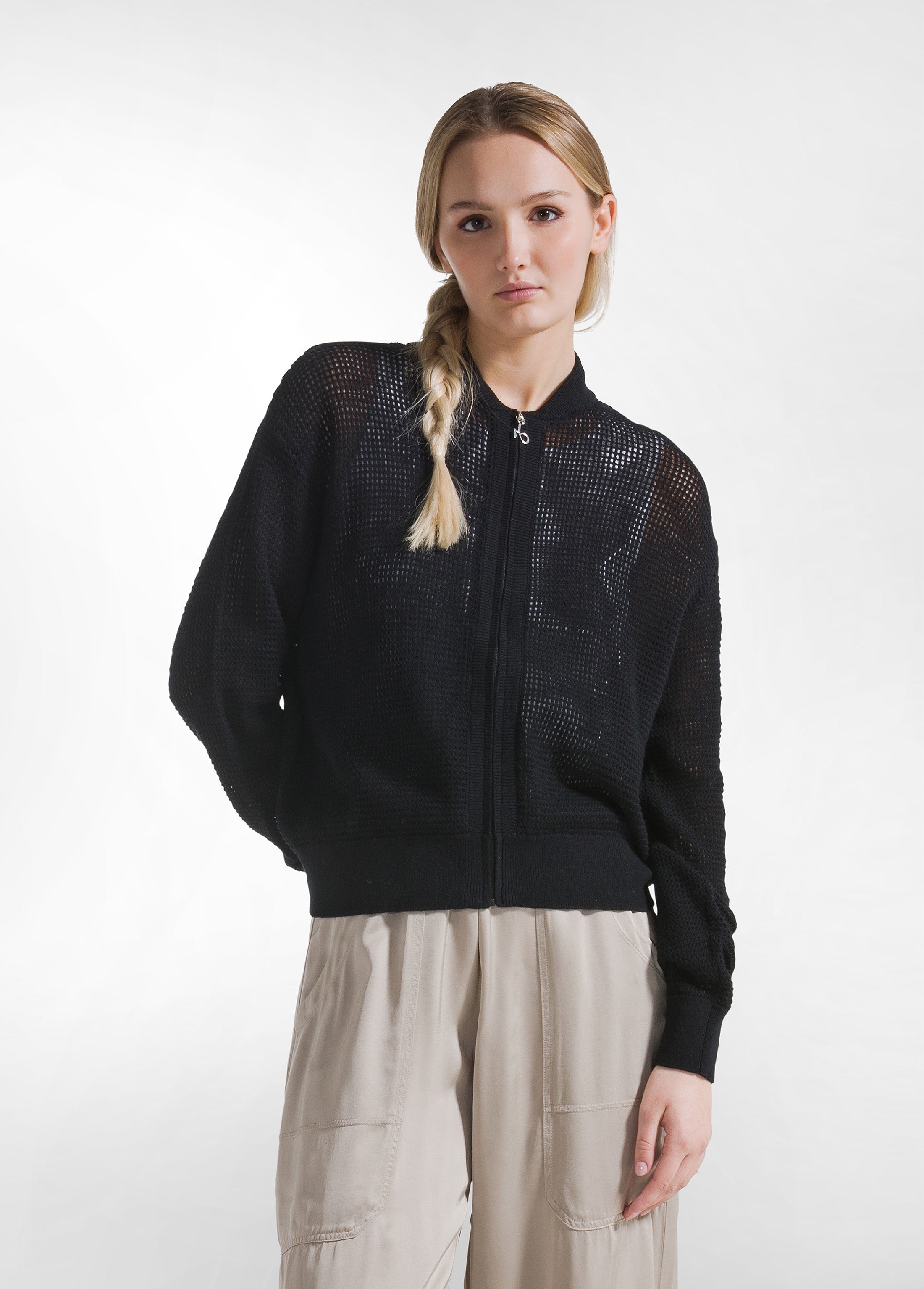 deha-felpa-full-zip-in-cotone-effetto-rete-nero-made-in-italy image 1