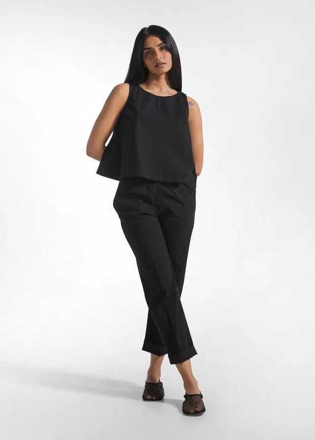 deha-completo-top-pantaloni-dritti-in-popline-elasticizzato-nero-donna image 1