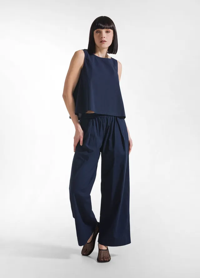 deha-completo-top-e-pantaloni-dritti-in-popline-elasticizzato-blu image 1