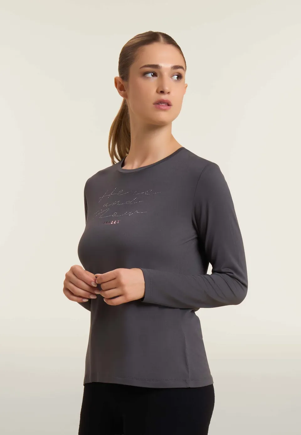 freddy-t-shirt-donna-manica-lunga-con-scritta-here-and-now-in-strass image 1