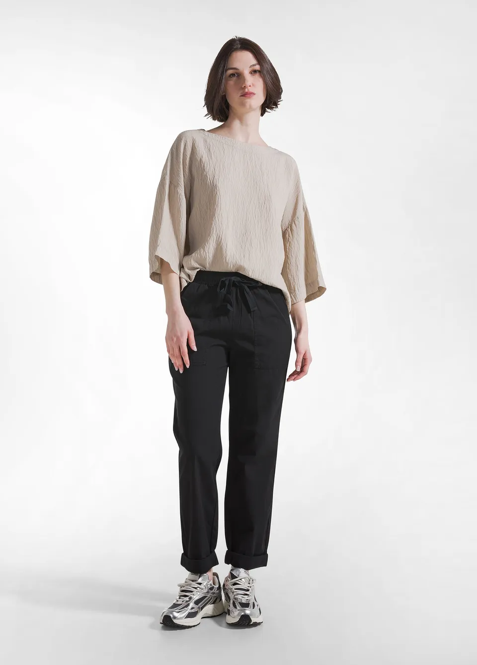 deha-pantaloni-dritti-in-popline-elasticizzato-nero image 1