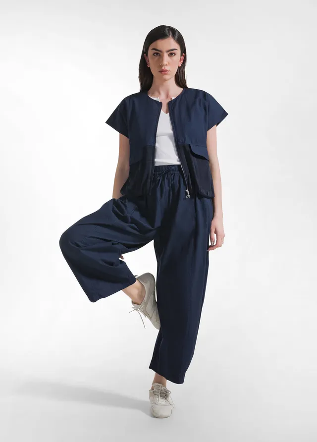 deha-pantalone-relaxed-in-popeline-blu-pantaloni-vita-elastica-con-coulisse image 1