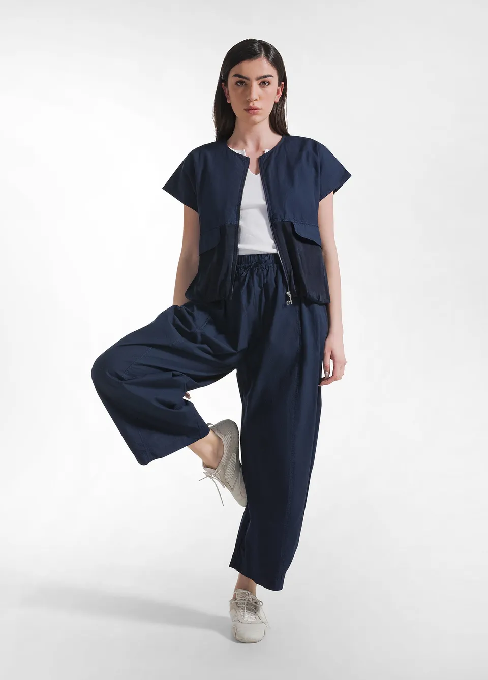 deha-pantalone-relaxed-in-popeline-blu-pantaloni-vita-elastica-con-coulisse image 1