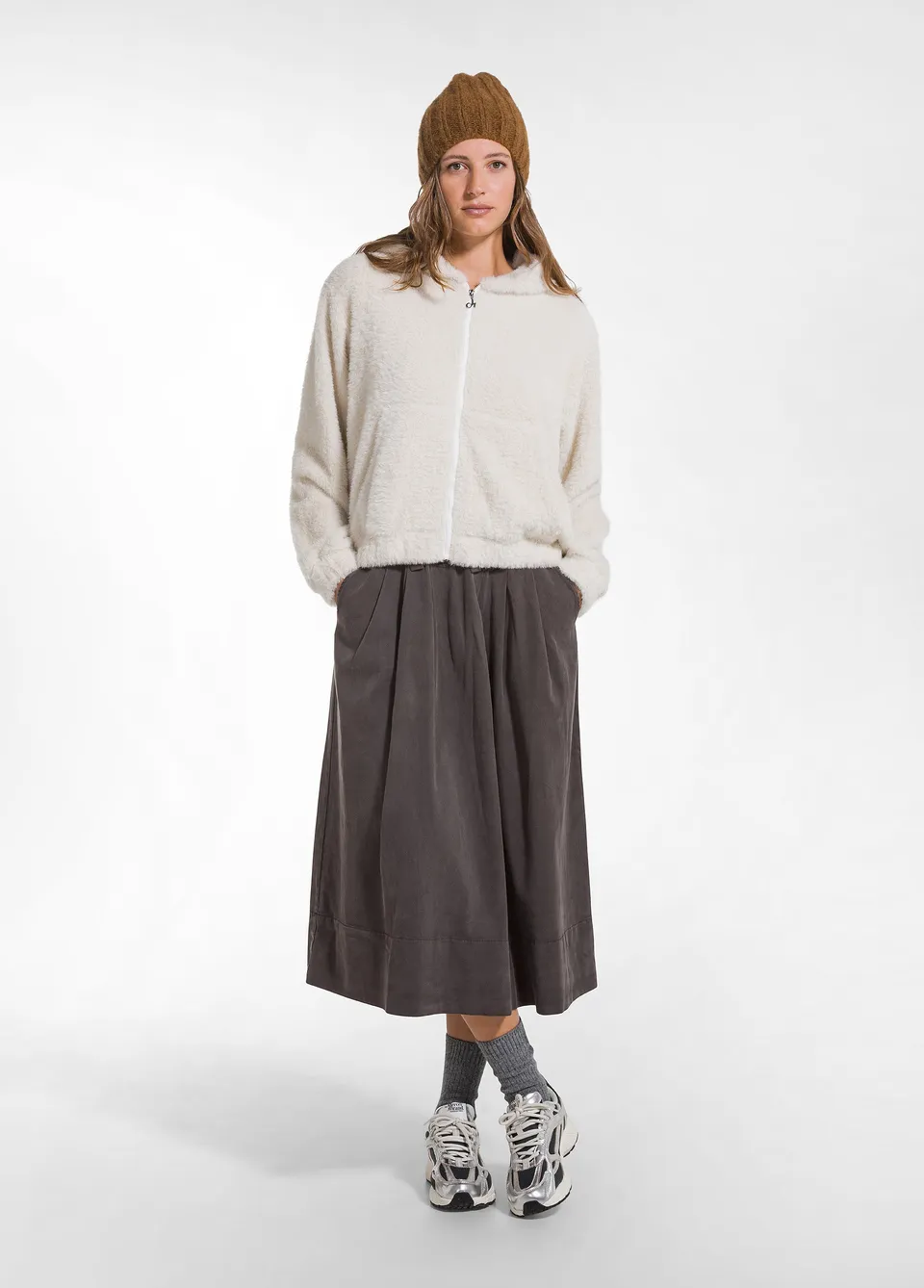 deha-gonna-a-pieghe-in-twill-lyocell-marrone image 1