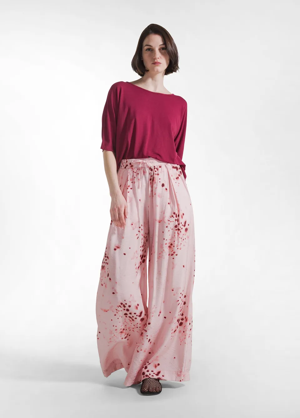 deha-pantaloni-larghi-viscosa-stropicciata-rosa-effetto-crinkle image 1