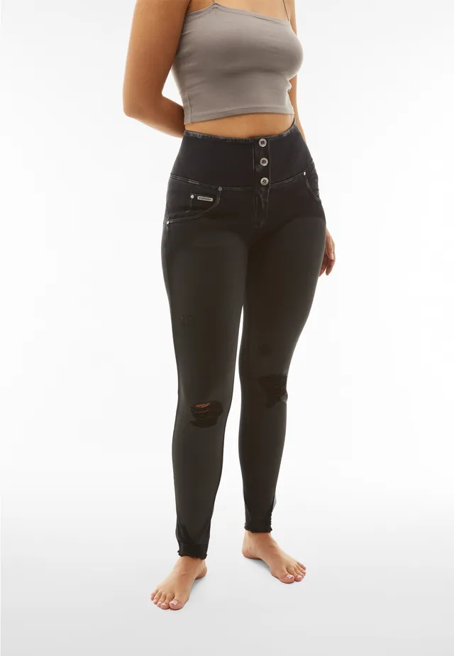freddy-jeans-wr-up-vita-alta-eco-denim-navetta-nero-spalmato-con-strappi image 1