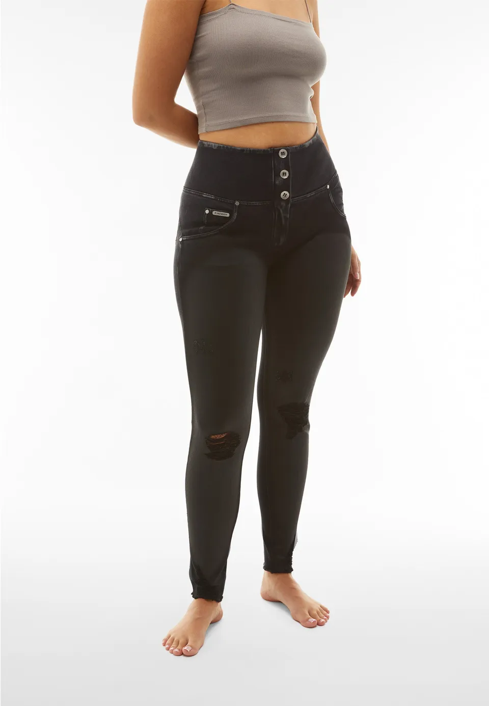 freddy-jeans-wr-up-vita-alta-eco-denim-navetta-nero-spalmato-con-strappi image 1