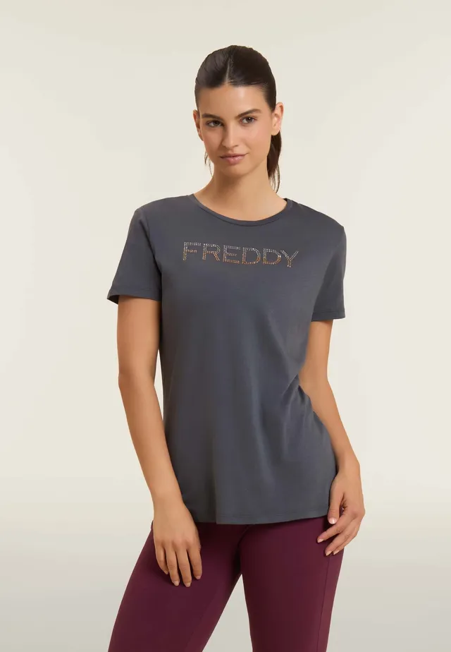 freddy-t-shirt-donna-jersey-modal-cotone-con-logo-strass-bicolori image 1
