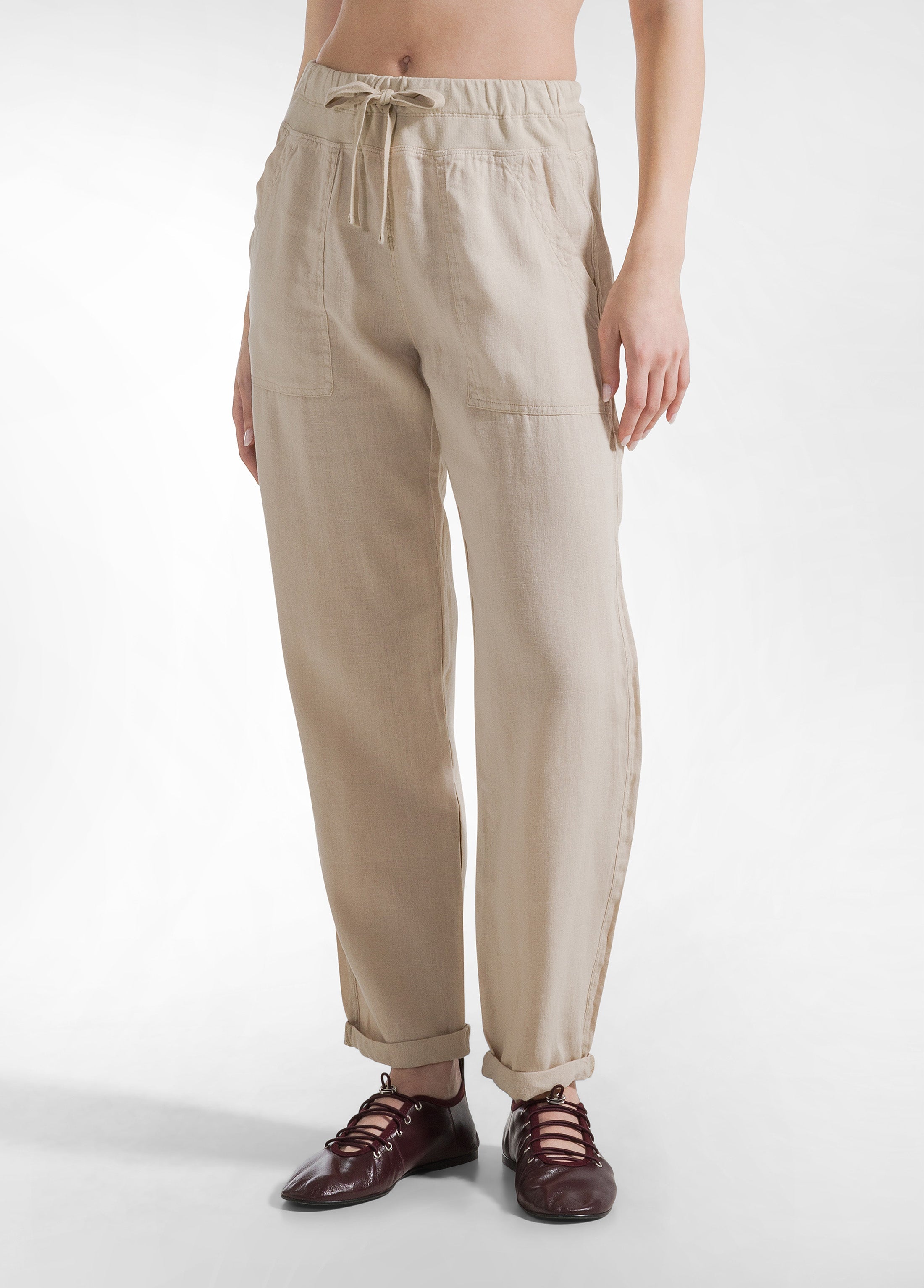 deha-pantalone-in-lino-beige-con-vita-in-felpa-e-coulisse image 2