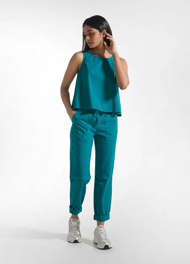 deha-set-top-e-pantaloni-dritti-in-popline-elasticizzato-verde image 1